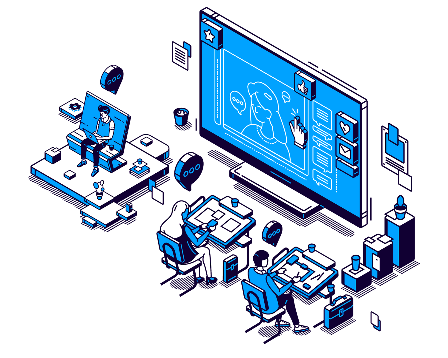 Team collaborating in front of a computer at a top social media management agency