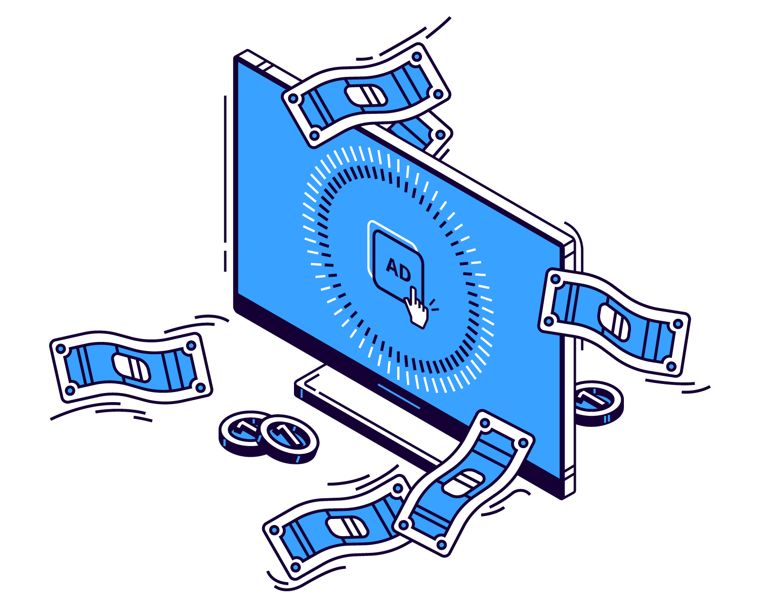 Illustration about advertising agency showing a PC with Ad text in it and some bills around
