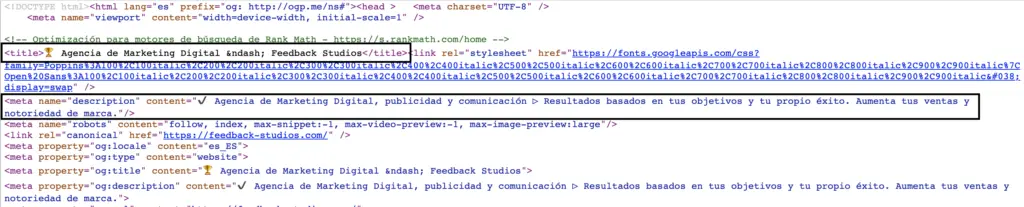 Código HTML donde figuran las etiquetas de título y meta descripción de la página