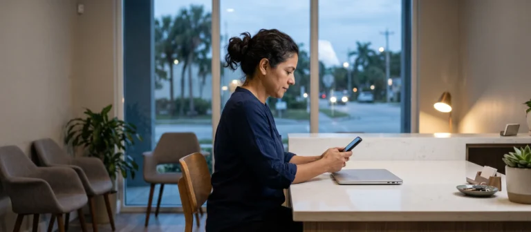 La dueña de una pequeña clínica, sentada en la recepción después del cierre, mira su teléfono junto a una laptop cerrada.