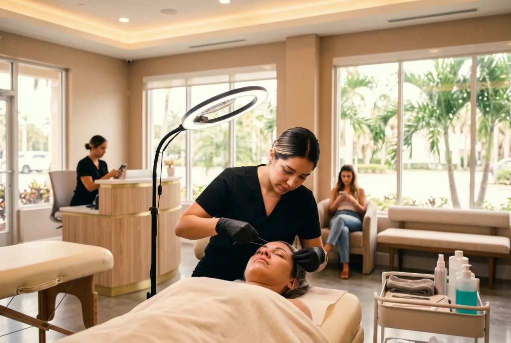 A brow artist maps a client’s brows in a Palm Beach studio while another client waits