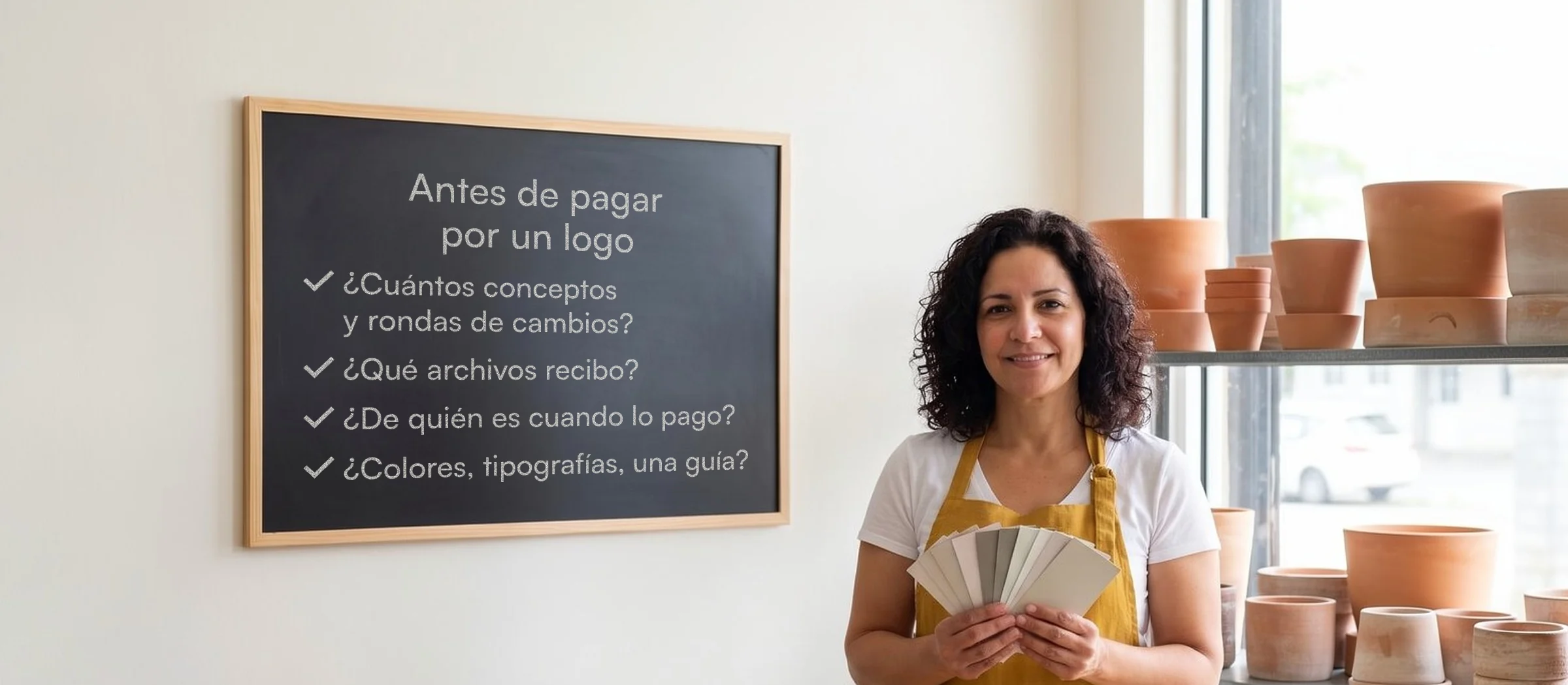 Florista de La Pequeña Habana con muestras de color en la mano junto a una pizarra. En ella, lo que hay que preguntar antes de pagar por un logo: conceptos y rondas de cambios, archivos, de quién es y si trae colores, tipografías y una guía.