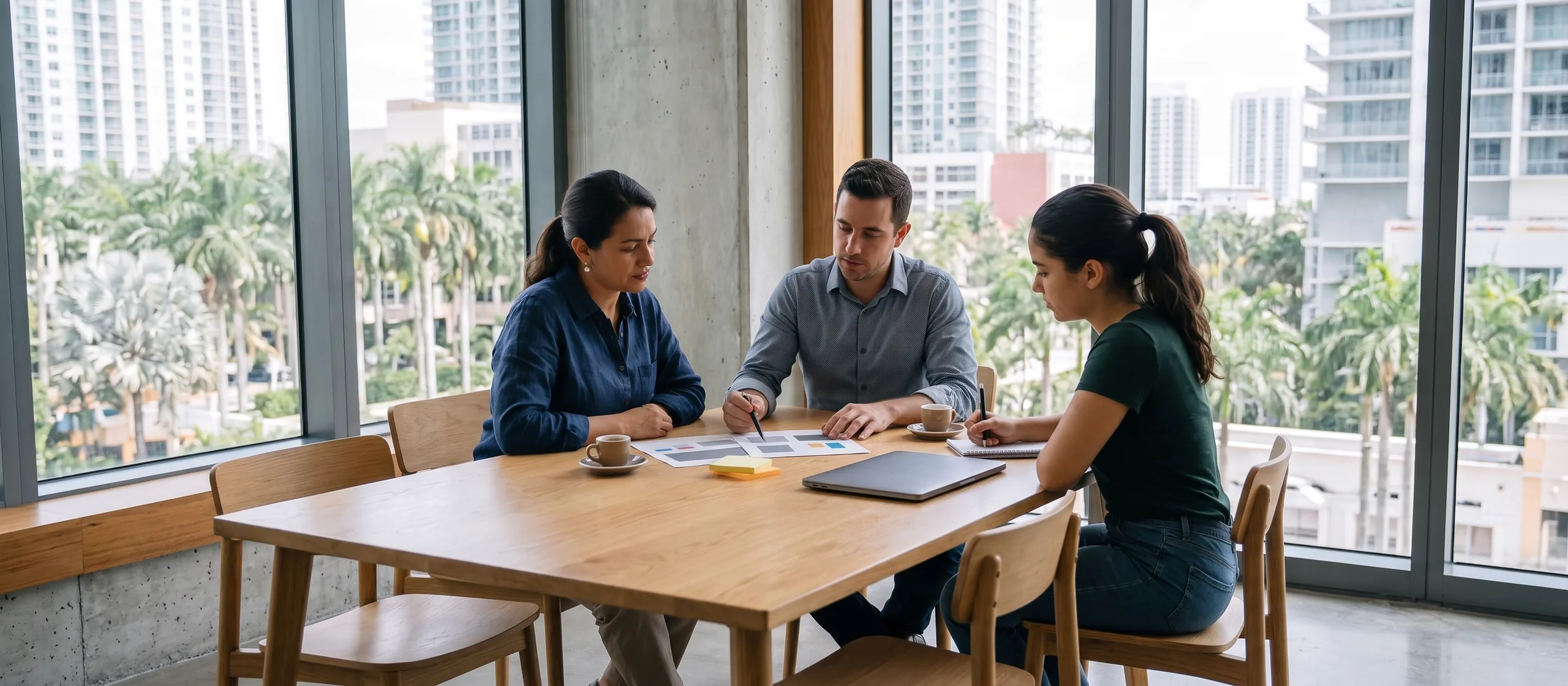 Una dueña de negocio y dos personas de una agencia de marketing revisan un plan impreso en una mesa de una sala de reuniones de Miami, con palmeras y edificios tras la ventana.