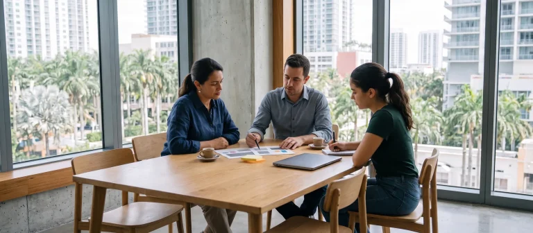 A business owner and two people from a marketing agency review a printed plan at a table in a Miami meeting room, with palm trees and towers behind the window.
