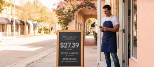 Bakery owner in Coral Gables checks his phone next to a chalkboard: a Facebook lead costs $27.39 at the median, $12.30 to $61.56 by industry