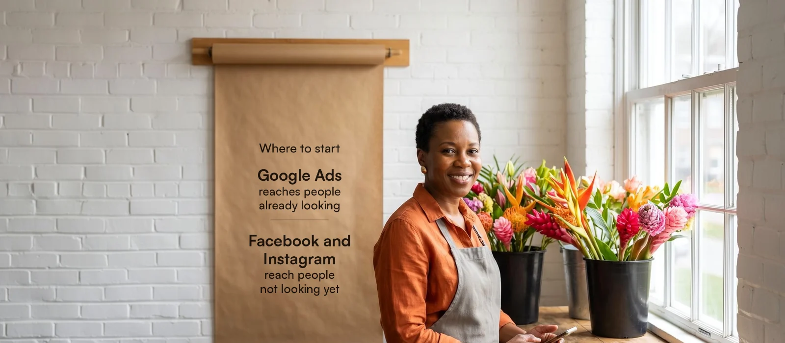 Florist owner in Little Haiti next to a kraft paper roll: Google Ads reaches people already looking; Facebook and Instagram reach people not looking yet