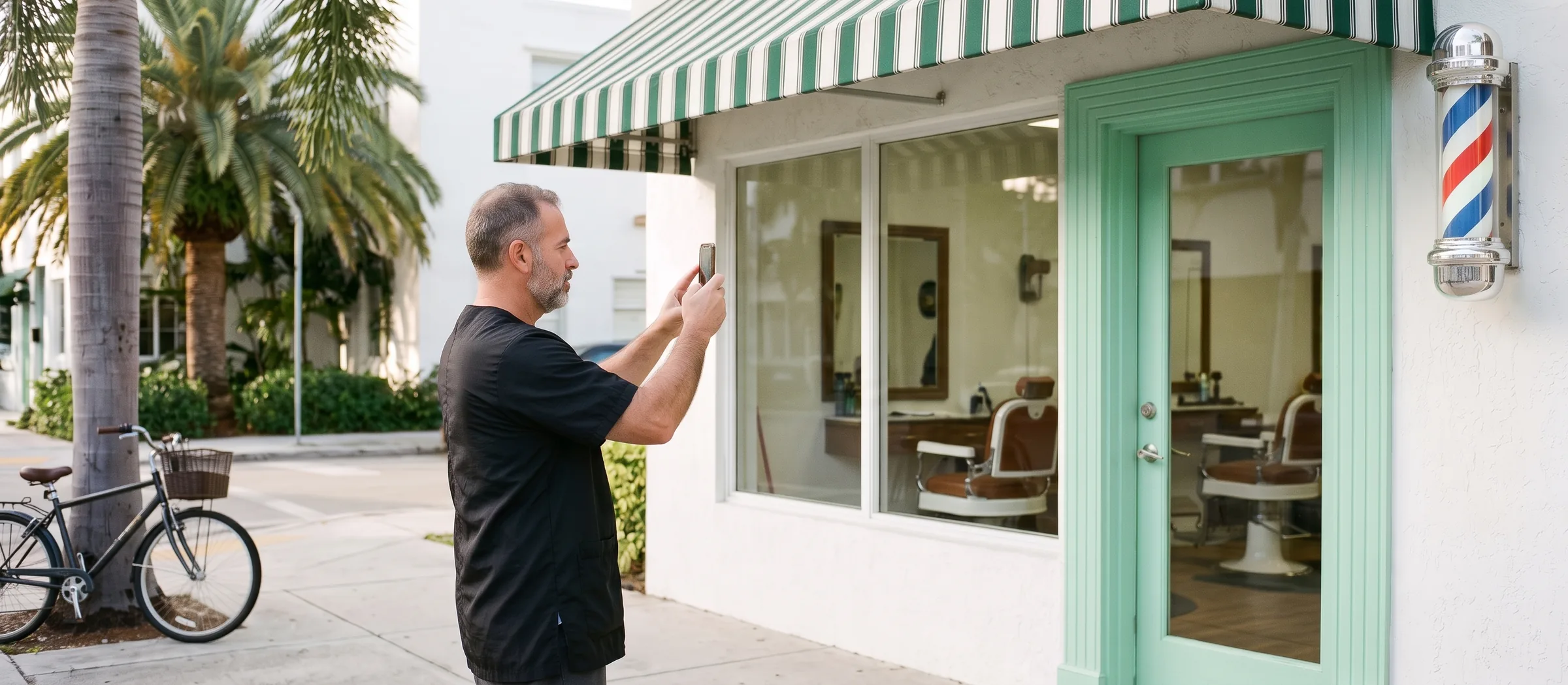 A barber stands on the sidewalk and photographs the front of his small Miami barbershop with his phone.