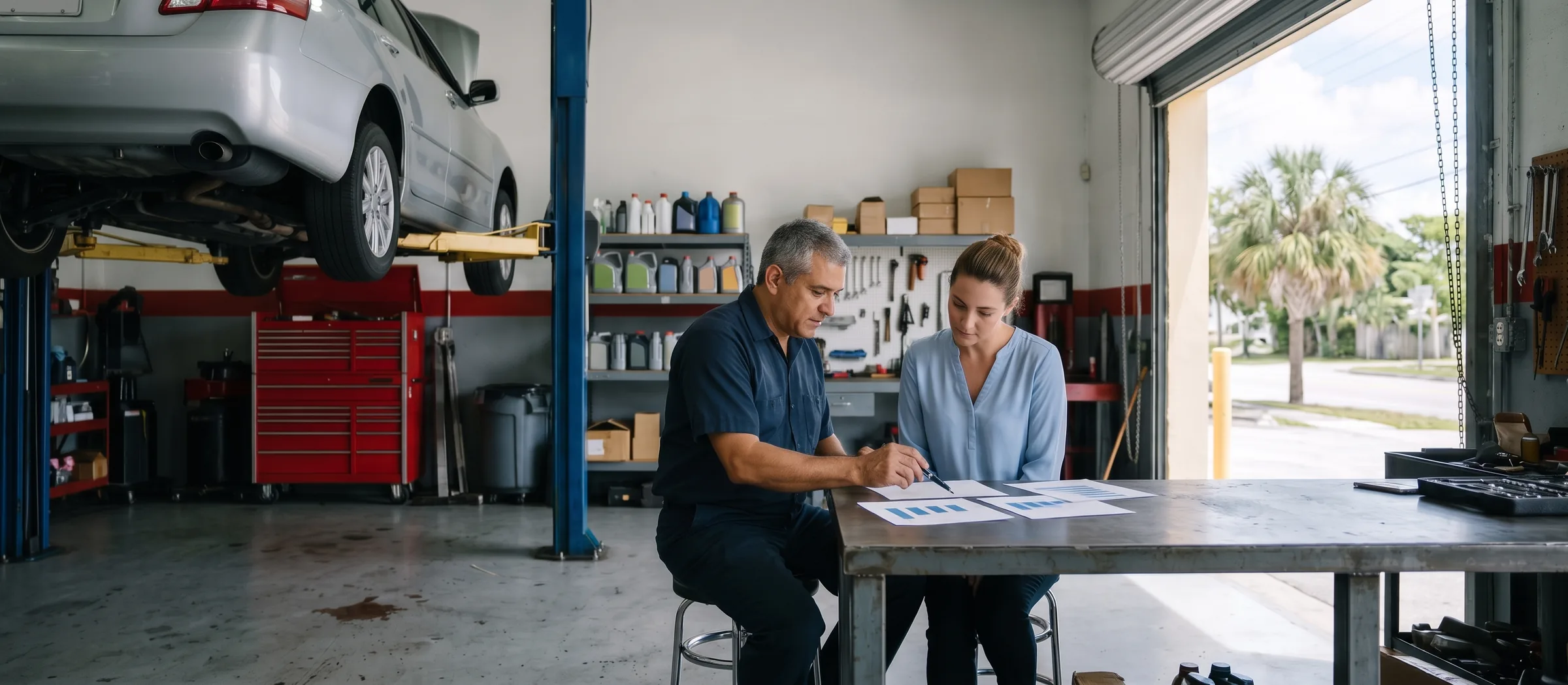 The owner of an auto repair shop and an agency account manager go over printed pages with bar charts at a steel workbench. On one side, a car on a lift; on the other, the open garage door, with palm trees outside.