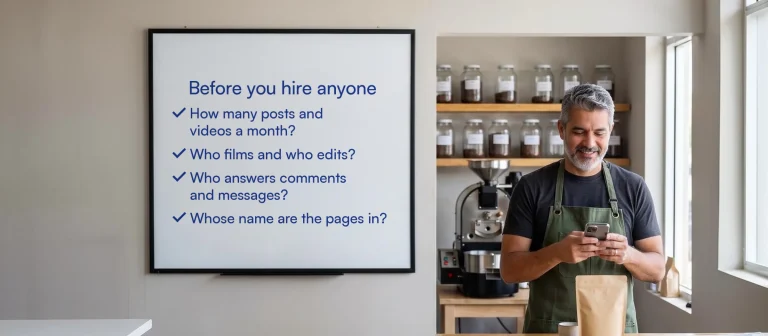 Coffee roaster in Little River checking his phone next to a whiteboard: before you hire anyone, ask how many posts and videos a month, who films and edits, who answers comments and messages, and whose name the pages are in.