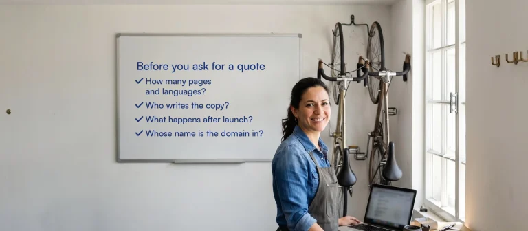 Bike shop owner in Coconut Grove next to a whiteboard: before you ask for a quote, ask how many pages and languages, who writes the copy, what happens after launch and whose name the domain is in.